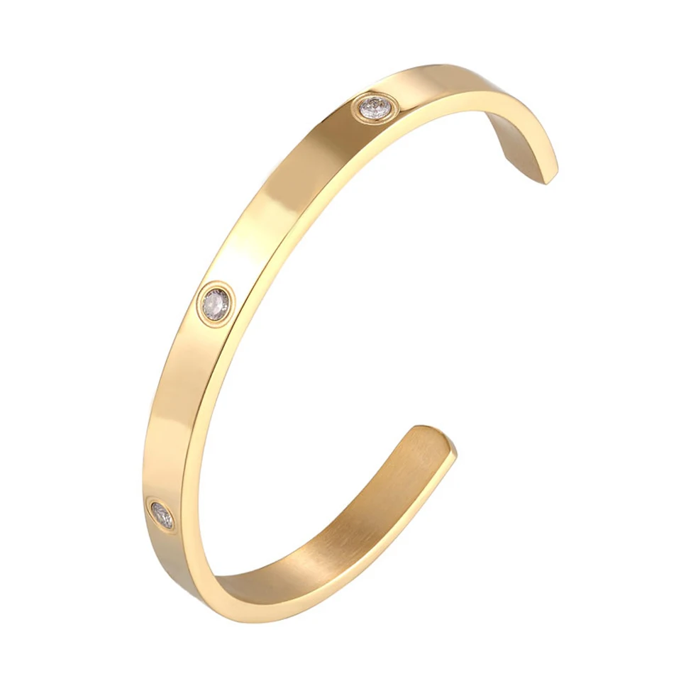 Fashion Classic Crystal Cuff Bracelet for Women/Men Gold Color Stainless Steel Couple Jewelry