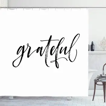 

Shower Curtain Set with Hooks 72x78 Inches Thanksgiving Handwritten Grateful Hand Drawn Black Latin Word Lettering Abstract