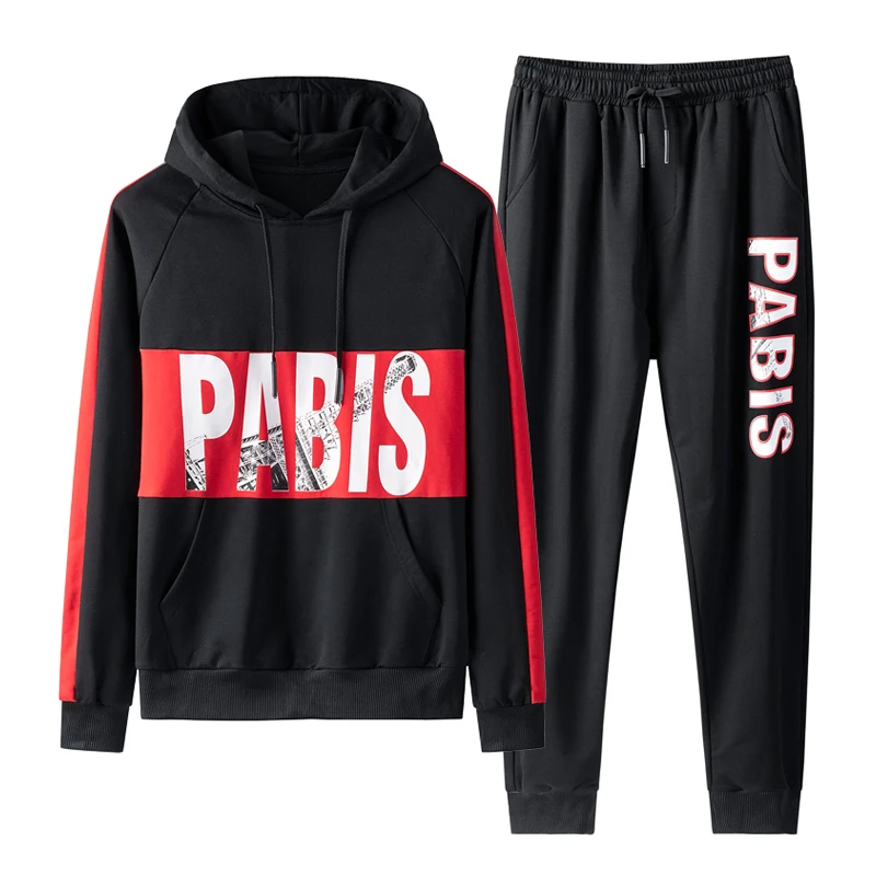 Black Red Set Men Брендовый спортивный костюм для мужчин, модный, сшитое с длинным рукавом, толстовка с капюшоном+ штаны для бега, спортивная одежда в стиле хип-хоп, 2 предмета - Цвет: Black Red Set Men