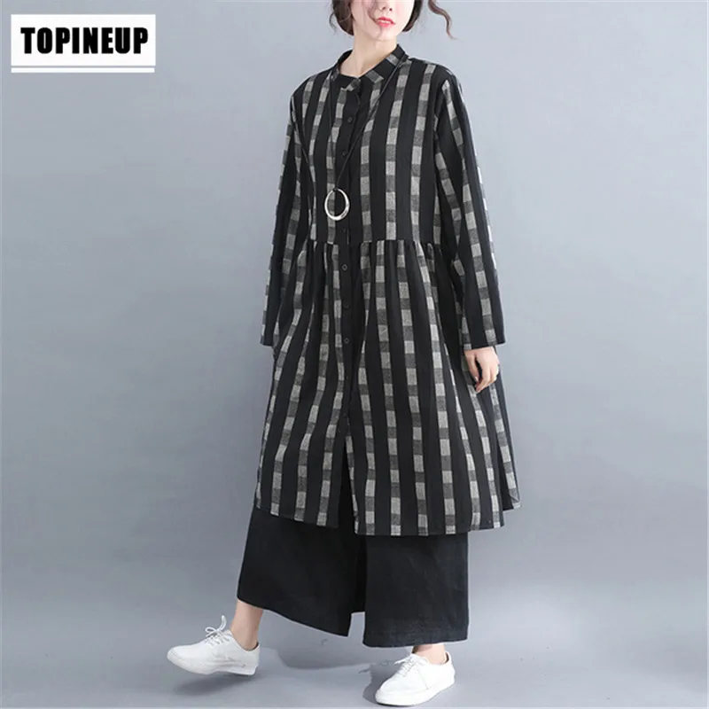

2019 Fashion Womens Lapel Long Sleeve Loose Tops Casual Plaid Long Blouse Plus Size Vintage Female Autumn Clothing