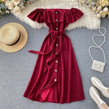 

Women Sexy Slash Neck Short Sleeve Ruffle Single-row Buckle High Waist Slimming Dress Solid Color Vestidos L441