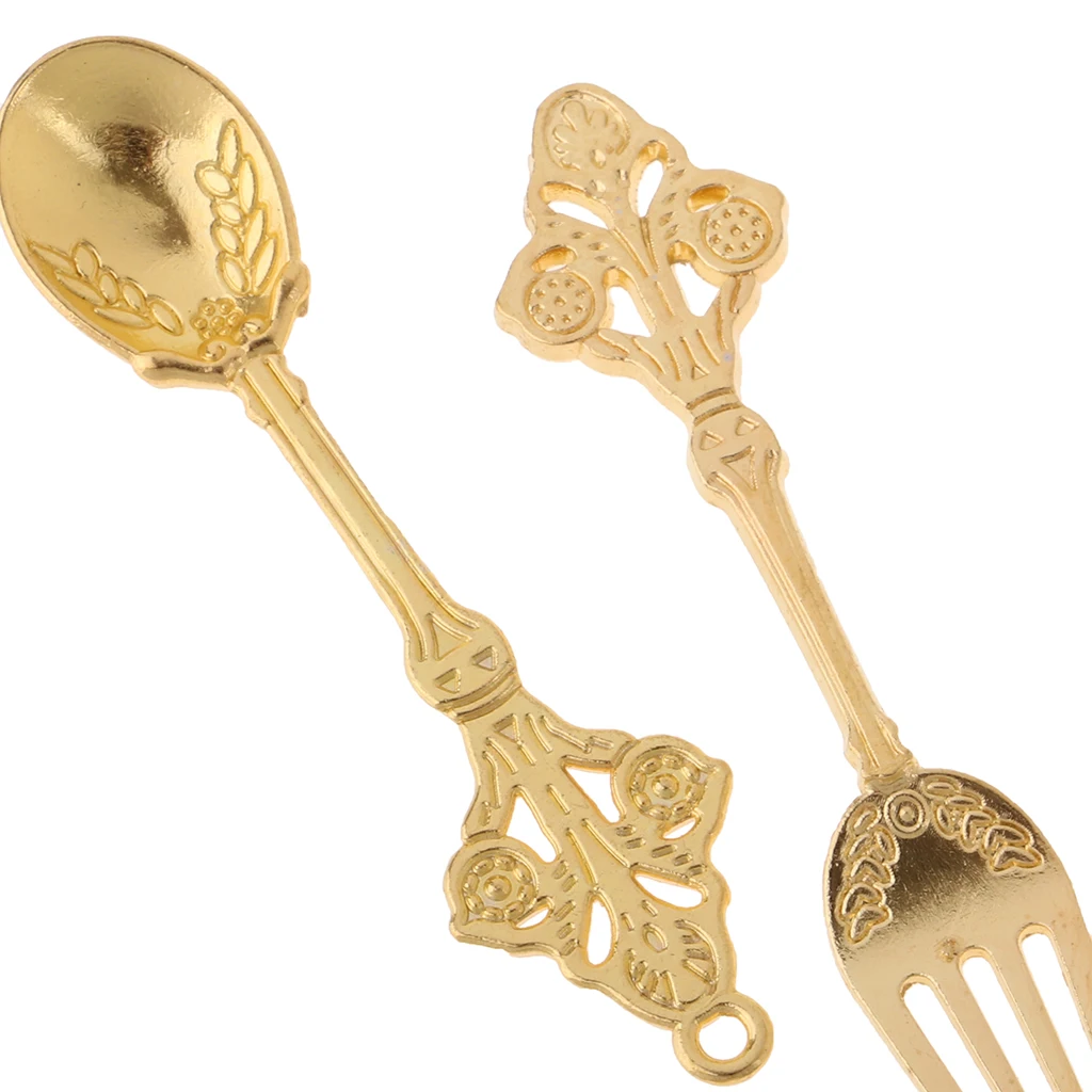 10 Pairs Mini Golden Spoon Fork Kit Tableware for 1/12 Dolls House Pretend Play Kitchen Dining Room Furniture Kitchen Toys