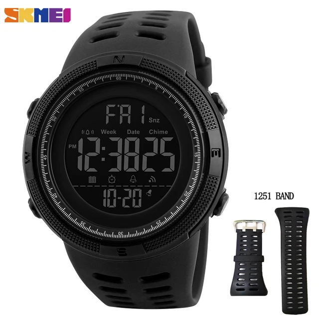 SKMEI Fashion Outdoor Sport Watch Men Multifunction Watches Alarm Clock Chrono 5Bar Waterproof Digital Watch reloj hombre 1251 Black
