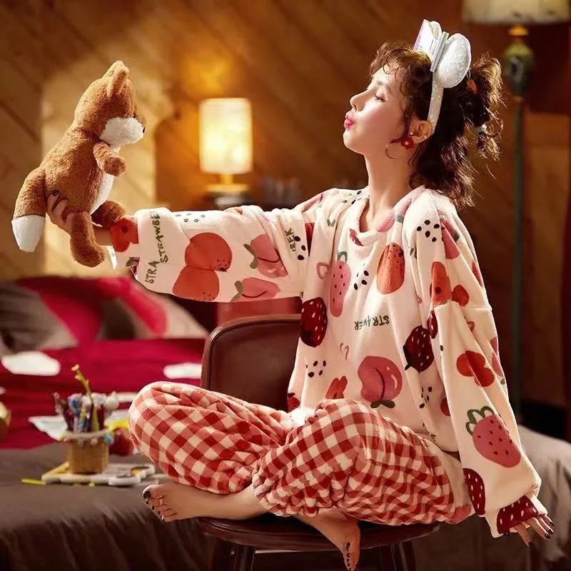 Winter Flannel Pajama Set Women Strawberry Cherry Printed Homewear Long Sleeve Loungewear Loose Thick Warm Sleepwear