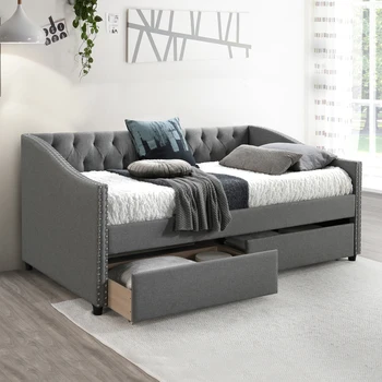 

Upholstered Daybed With Two Drawers, Wood Slat Support, Gray, Twin Size