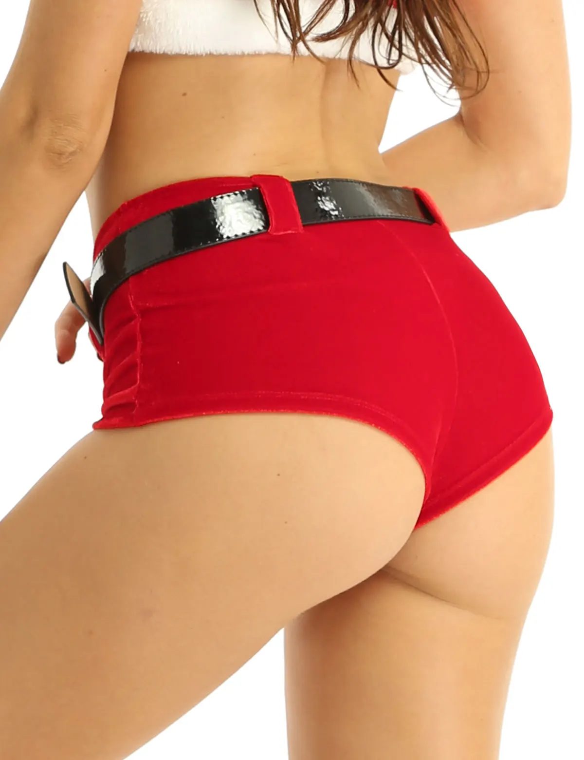 TiaoBug Adult Soft Velvet Low Rise Christmas Costume Holiday Fancy Hot Sexy Red Mini Shorts with Belt Club Rave Women Panties