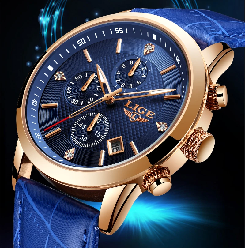 

2020 LIGE Watch Men Sport Chronograph Quartz Clock Mens Watches Leather Diamond Dial Business Waterproof Watch Relogio Masculino
