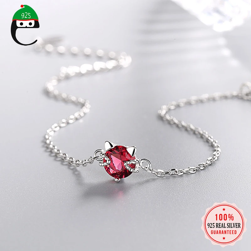 ElfoPlataSi,, 925 пробы, серебряный, красный, ослепительный, кот, CZ, 15 см, браслет для женщин, жены, девушек, леди, свадебные ювелирные изделия, подарок ED455
