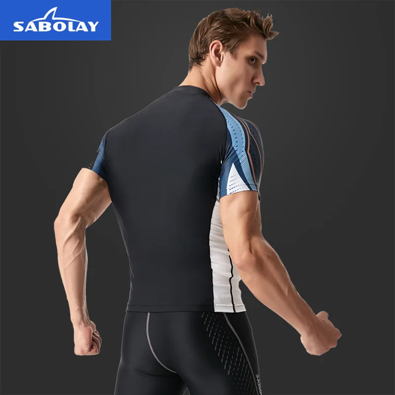 L-5XL Plus Size Surfing Swim Shirt Men Rash Guard Swimwear Rashguard Fast Dry Short Sleeve Swimsuit Swimming Sailing Diving Suit