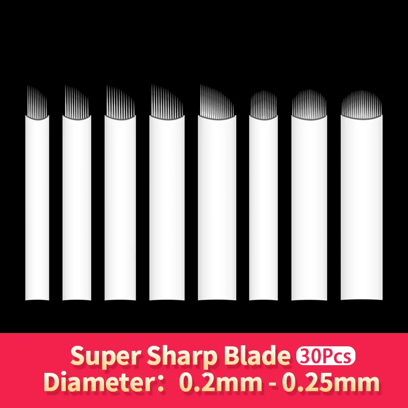 Agujas de Microblading para tatuaje, 30 Uds., blanco, 0,20mm, Lamina Tebori, 7, 9, 11, 12, 14 cuchillas flexibles, hoja de aguja de maquillaje permanente en forma de U