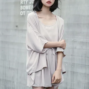 

Soild Color Casual Suit Women Three Pieces Set Short Sleeve Cardigan Tops And Vest Drawstring Loose Shorts 2020 Summer New Y623