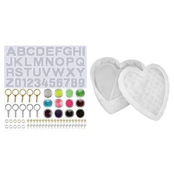 

1pcs Heart Shaped Cut Storage Box Mold & 1 pcs Alphanumeric Silicone Mold, with Glitter Sequins, Key Ring, Eyelet