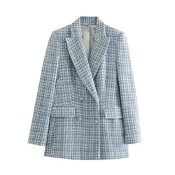 Mulher textura dupla breasted check blazer casaco vintage manga comprida bolsos feminino outerwear chique veste roupas de inverno