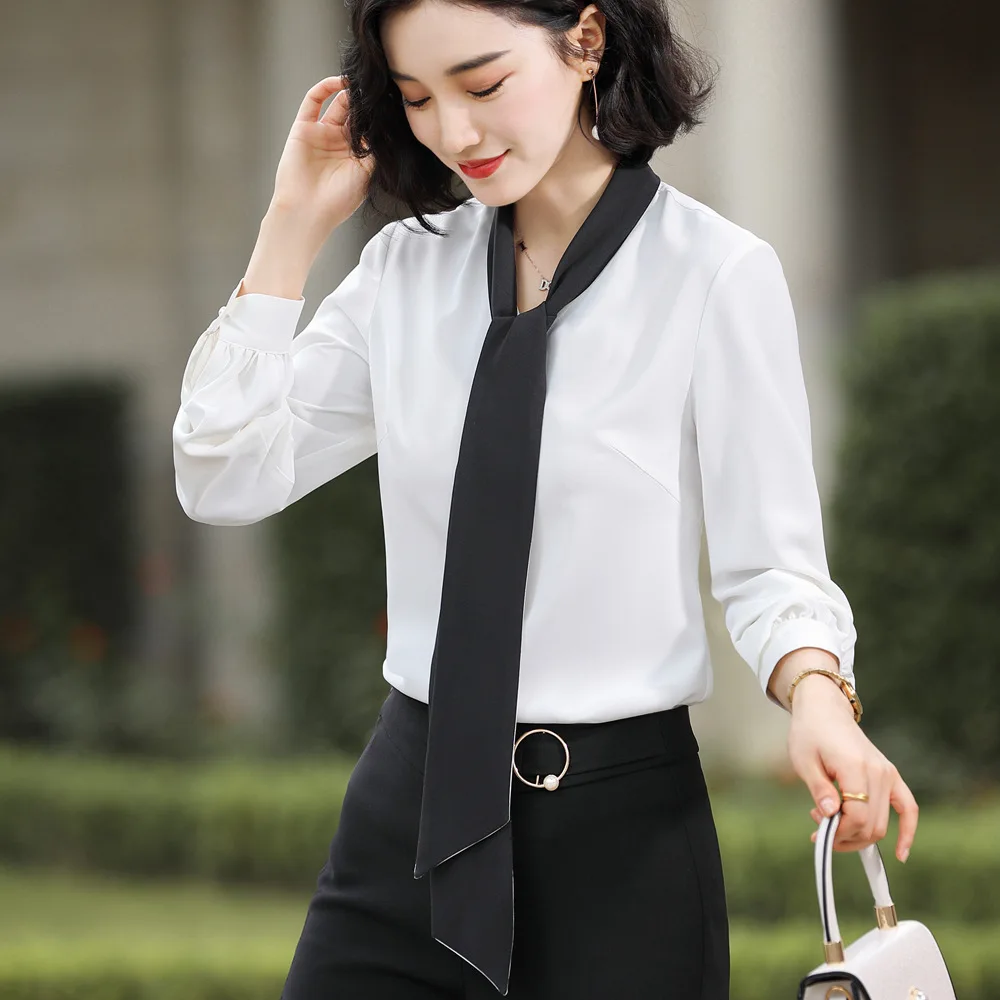 

White chiffon shirt with long sleeves in early autumn of 2019new style temperament bow ribbon shirt ol profession women blouses