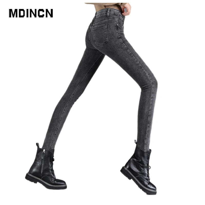 Ladies Jeans Cropped High-Waist Trousers Pencil-Pants Stretch Velvet Plus Winter Denim