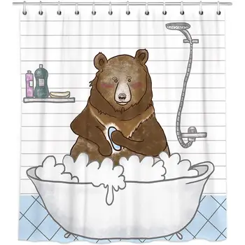 

Bear Shower Curtain, Waterproof Wild Animal Bathroom Curtains, Funny Black Bear Take a Shower Kids Fabric Shower Curtains Hooks