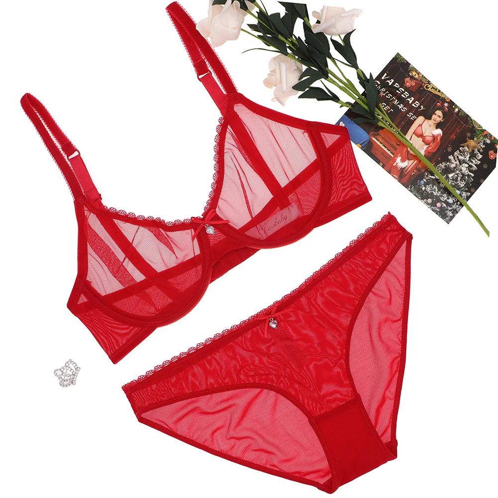 Varsbaby sexy big red see-through yarn lingerie set rhinestone bow  transparent bra and panty plus size set - AliExpress