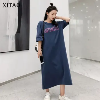 

XITAO Korean Causal Women Solid Dress Loose Pullover Print Personality Split Fork Design 2020 Summer Small Fresh Dress DMY4921