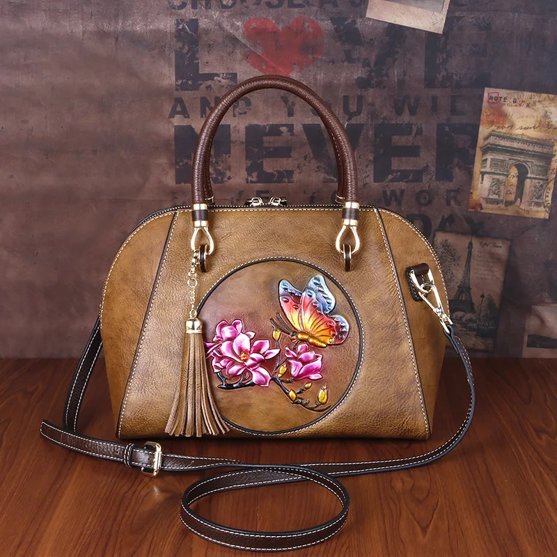 

2020New Top Layer Leather Retro Style Shell Bag Brushed Embossed Zipper Leather Handbag Messenger Bag Female