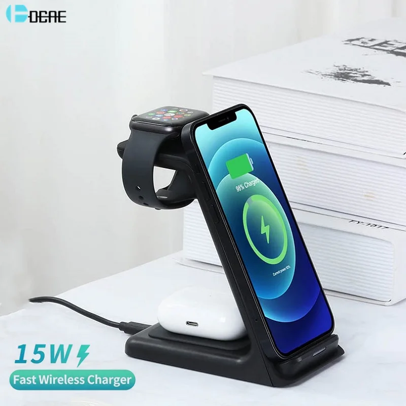 15W Qi Wireless Charging Stand for iPhone 12 11 Pro XS XR X  3 in 1 Wireless Charger Station for Apple Watch 6 5 4 3 Airpods Pro