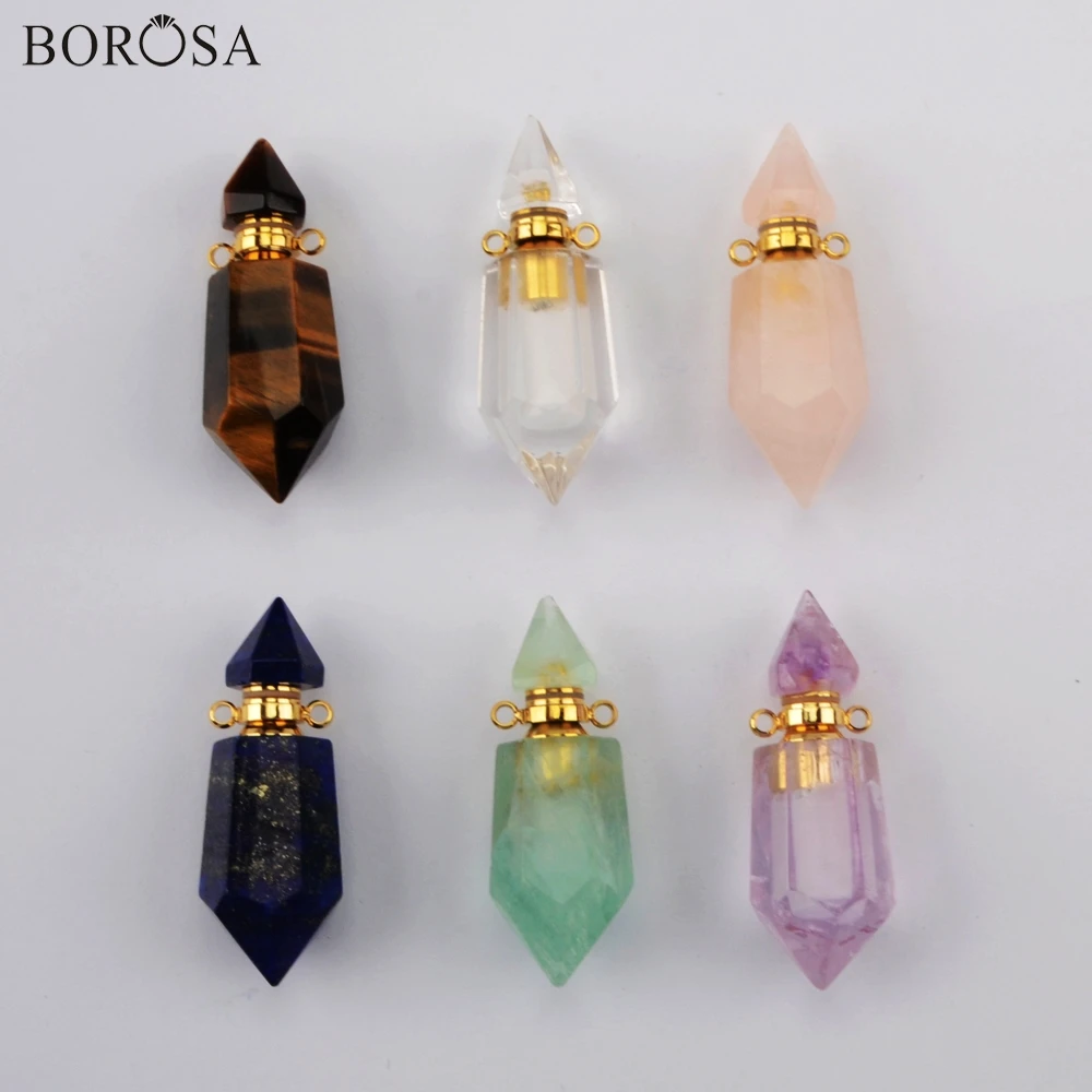 Natural Stones Quartz Crystal Pendant Gold Hexagon Column Perfume