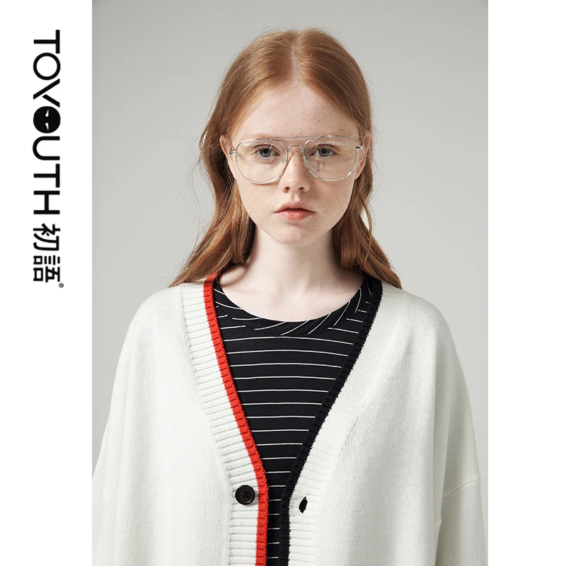 ^Cheap Toyouth Striped Long Sleeve Sweaters Women V-neck Patchwork Casual Cardigan Sweater