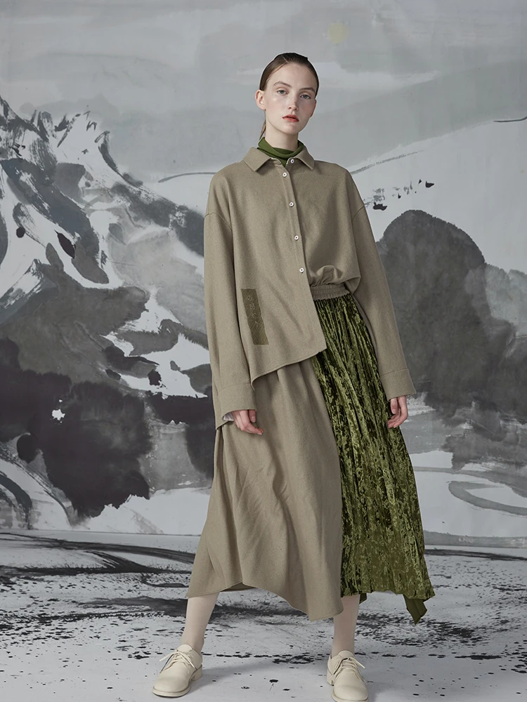 Осень Зима Новая коллекция плиссированные велюровые Лоскутные поддельные из двух частей шерстяная рубашка платье для женщин