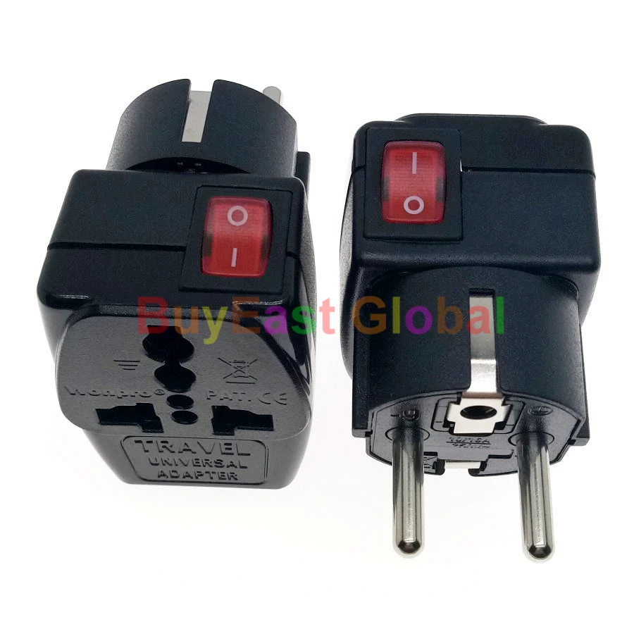 2 IN 1- Schuko German Israeli Korean Electrical Plug Adapter AC100~250V 16A With On/Off Main LED Switch