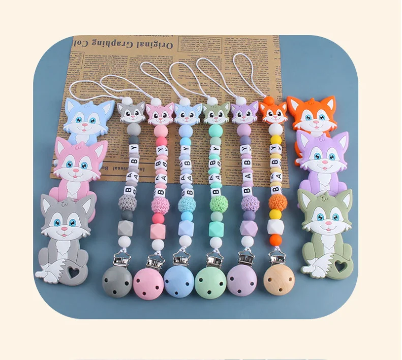 Coskiss Personalized Name Handmade Pacifier Clips Holder Chain Silicone Pacifier Chains Set Civet Cat Baby Teether Chain