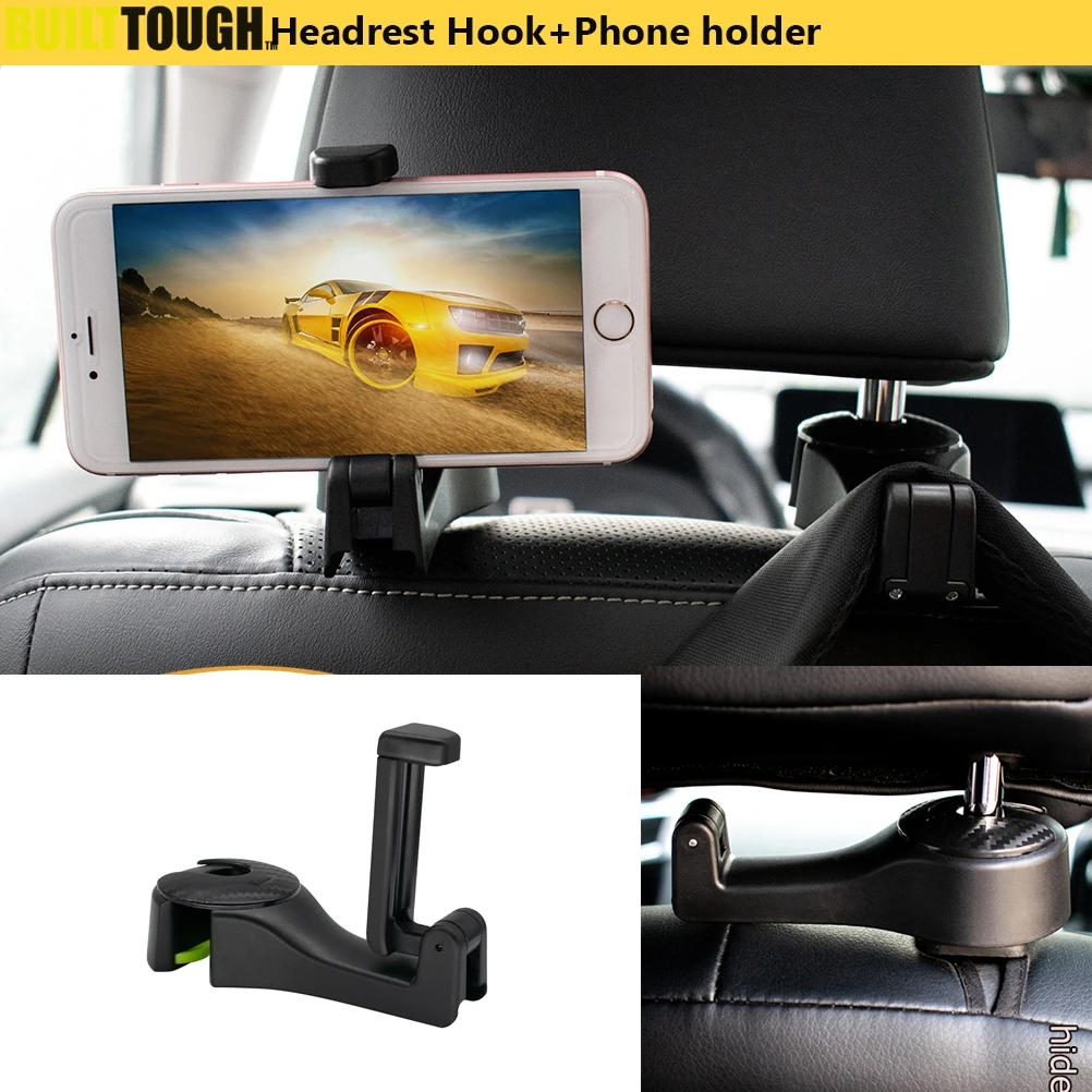 Versteckter Haken für die Autokopfstütze, 2-in-1-Autositzhaken mit  Telefonhalterung, Kopfstützenhaken mit 360-Grad-Drehung