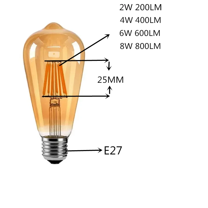 6PCS LED Edison Filament Light Bulbs Golden Art Lights ST64 Dimmable E27 B22 110V 220V 2W 4W 6W 8W 2700K 360 Degree Energy Lamps