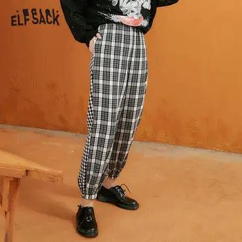 

ELFSACK Plaid British Straight Casual Women Trousers,2020 Autumn ELF Vintage Colorblock High Waist Korean Ladies Daily Bottom