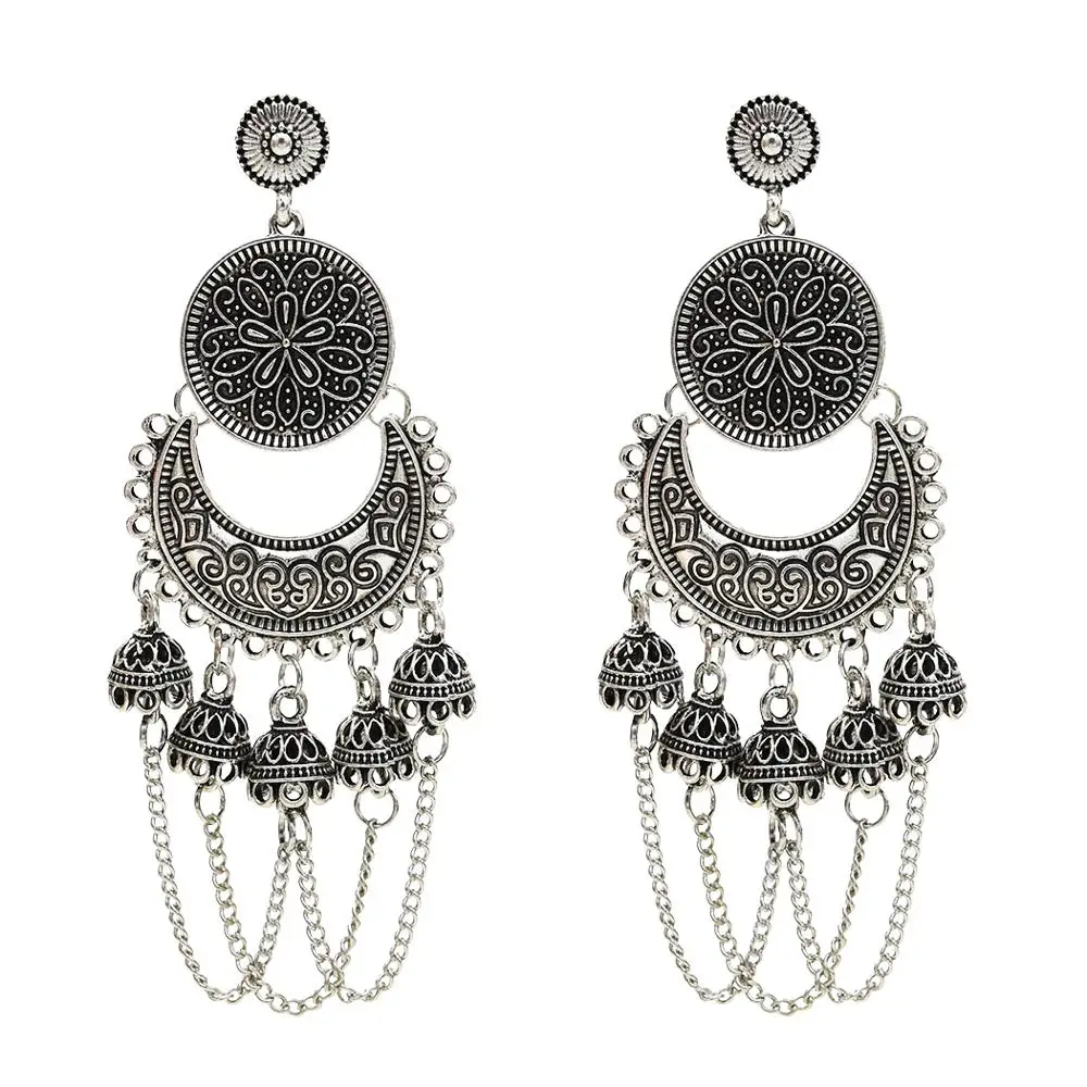 Dangle Earrings Indian Jhumka Gypsy Jewelry Sliver Boho Vintage Ethnic Oxidized Big Hollow Dangle Hanging Earrings For Women Afghan
