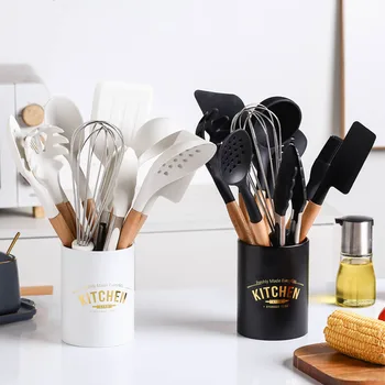 

10PCS Silicone Cooking Utensils Set Non-stick Spatula Soup Spoon Eggbeater Food Clip Wooden Handle with Storage Box Kitchen Tool