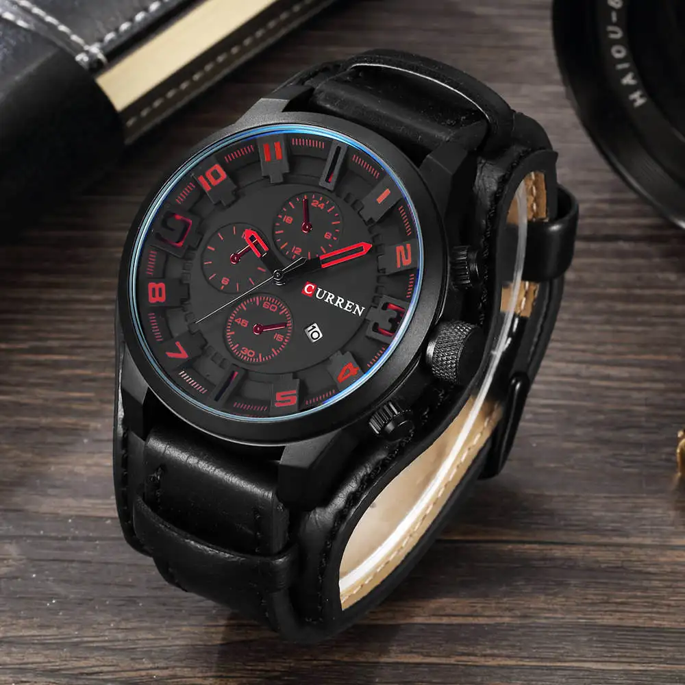 blackblackred CURREN Топ бренд класса люкс мужские s часы мужские часы Дата Спорт военный кожаный ремешок для часов кварцевые мужские деловые часы подарок 8225 - Цвет: blackblackred