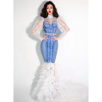 

Sparkly Rhinestone Pearl Feather Tail Dress Women Long Sleeve Celebrate Birthday Dresses Prom Party Outfit Singer Stage Costume