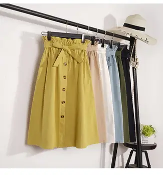 

Summer Autumn Skirts Womens Midi Knee Length Korean Elegant Button High Waist Skirt Female Pleated School Skirt 60B
