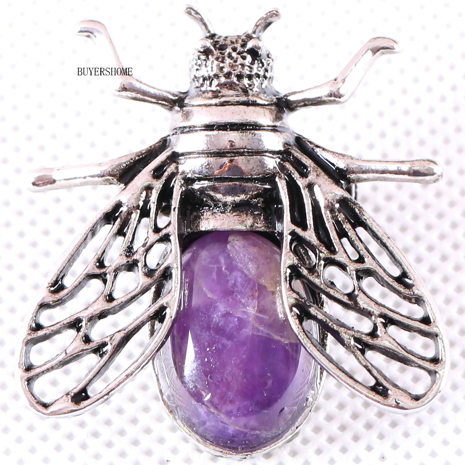 1Pcs Silver Cicada Brooch Natural Stone Pendant Howlite Rhodonite Carnelian Onyx Bead for Men Women DIY Jewelry Making