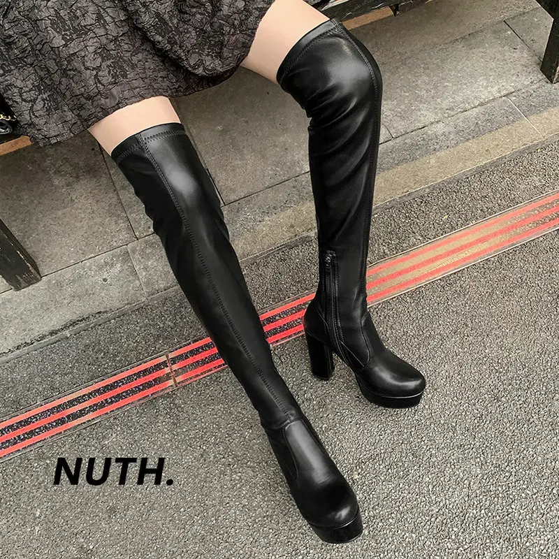 

New Leather Velvet Women Over-the-knee Boots Platform Square High Heels Fall Winter Ladies Long Boots Zipper Sexy Stretch Boots