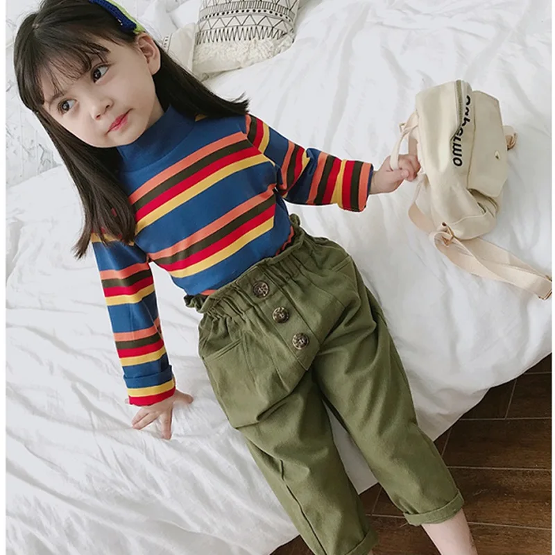 

Multi-color Stripe Half-Turtle-Neck Tops And Capri Pants GIRL'S Suit 2018 Autumn Childrenswear 2-7-Year-Old
