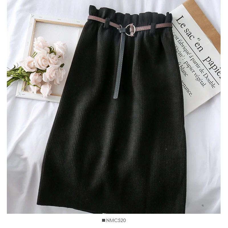 Женские вязаные юбки с высокой талией и поясом, осень, винтажные трапециевидные уличные юбки в Корейском стиле Харадзюку - Цвет: Черный