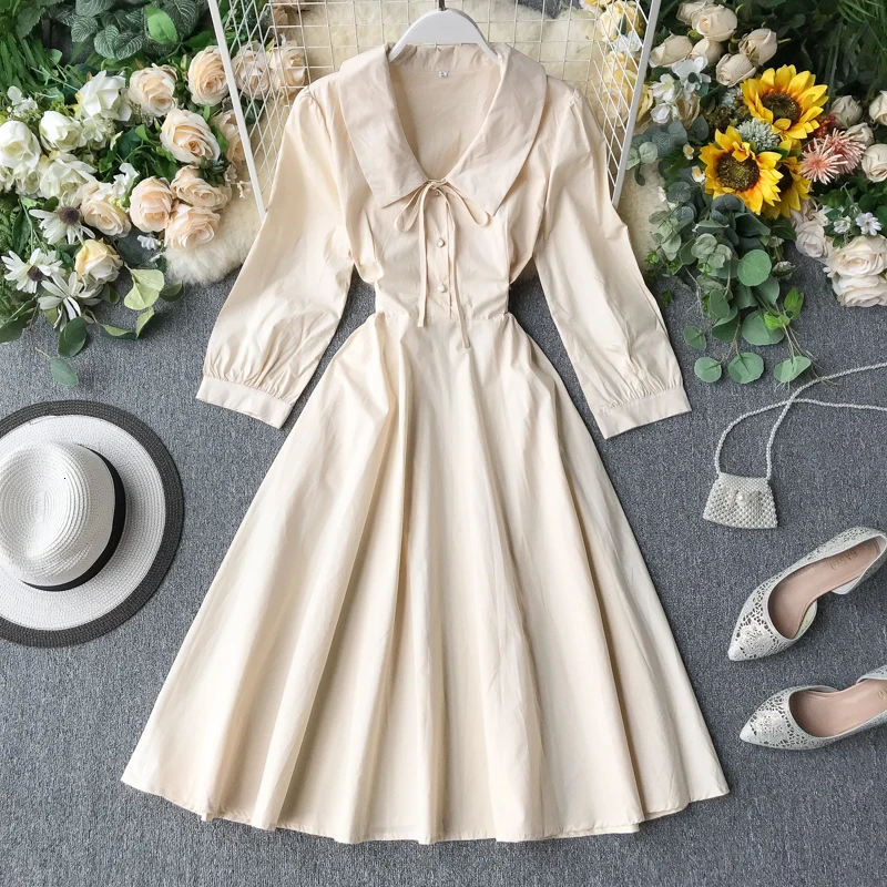Foamlina Casual Autumn Dress Women Peter Pan Collar 3/4 Sleeve Bowtie Sash Elegant Ladies Work Party Flare Dress Robe Femme