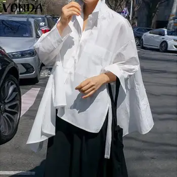 

VONDA Asymmetrical Tunic Women Blouse Lapel Neck Shirts Party Tops 2020 Spring Summer Beach Tops Female Casual Blusa Plus Size