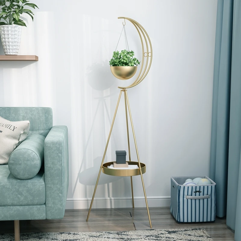 

zq Light Luxury Nordic Golden Triangle Iron Flower Stand Indoor Living Room Hanging Basket Jardiniere Floor Storage Rack
