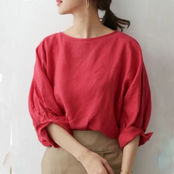 

Korean Style 2020 Women Summer Solid O-Neck Red Three Quarter Casual Regular Blouse Minimalist Office Lady Tops Retro