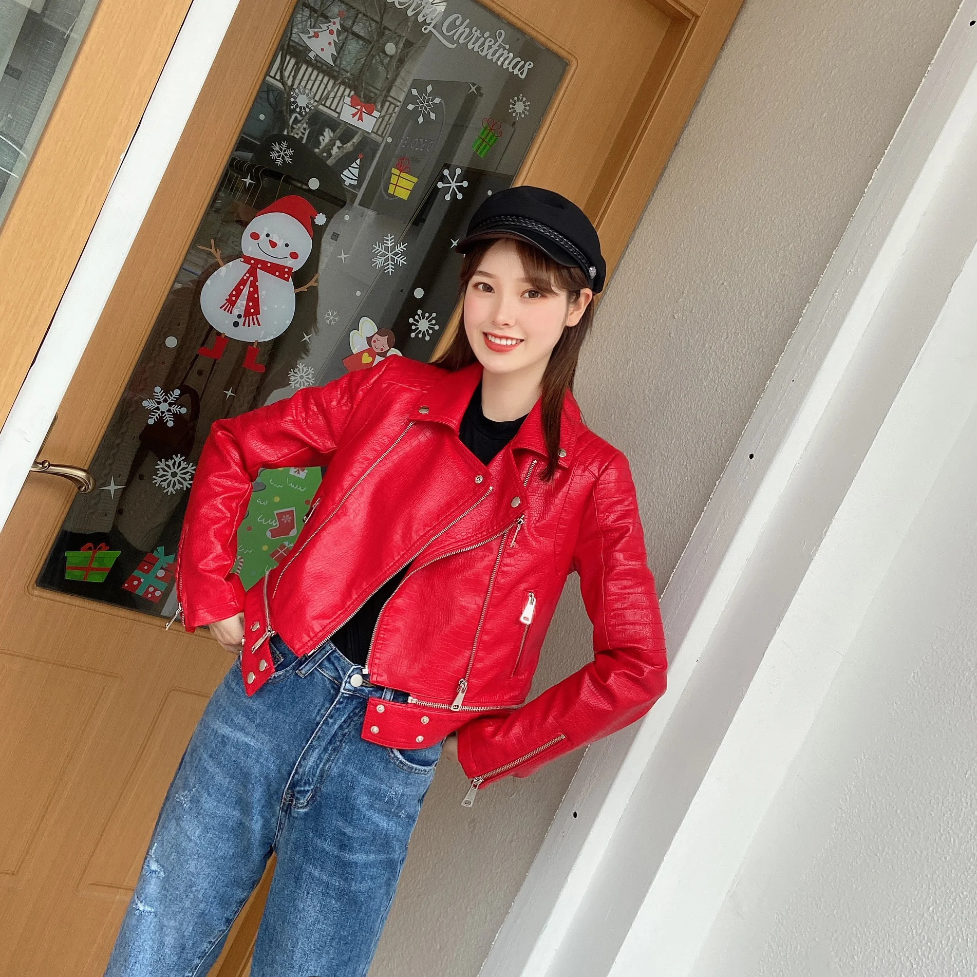 Hot New Fashion Women Motorcycle PU Leather Jackets Female Autumn Short Epaulet Zippers Coat Black Beige Red Outwear | Женская одежда