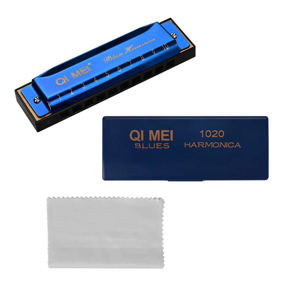 QI MEI 1020 Губная гармошка для блюза Ключ C 10 отверстий 20 мелодий диатоническая арфа мундора с чистящей тканью и ящиком для хранения 5 цветов - Цвет: Синий
