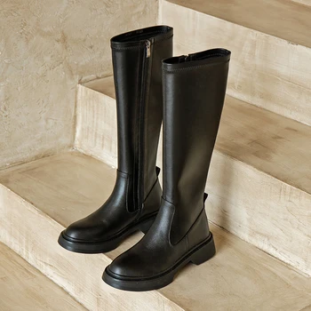 

Fashion Cambat Boots For Women Knee High Genuine Leather Thick low Heels Shoes ladies boots Wedding Office Lady Shoes Woman