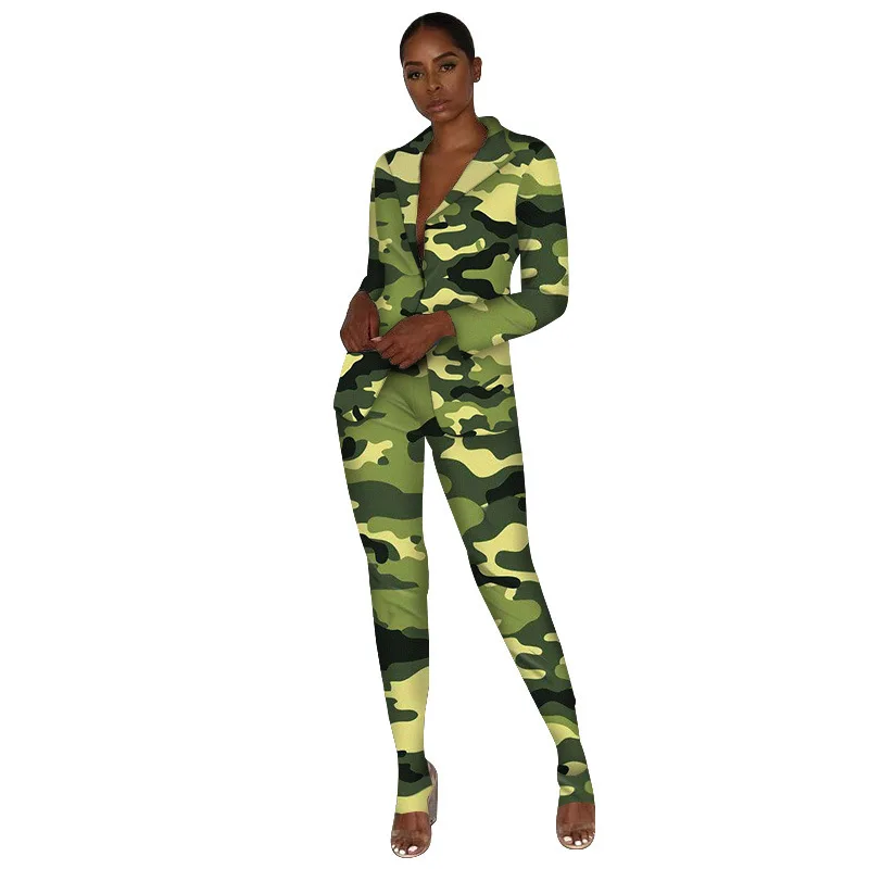camouflage Женский комплект 2 шт. блейзер с длинным рукавом Топы Леопардовый принт камуфляж костюмы женский спортивный костюм зимний комплект из двух предметов - Цвет: camouflage