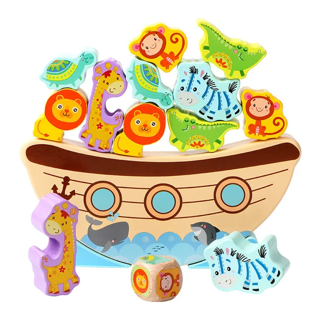 Montessori Animal Stack Balance Game Wooden Marine Life Throwing Dice Stacking Building Blocks Balance Training Educational Toys 1